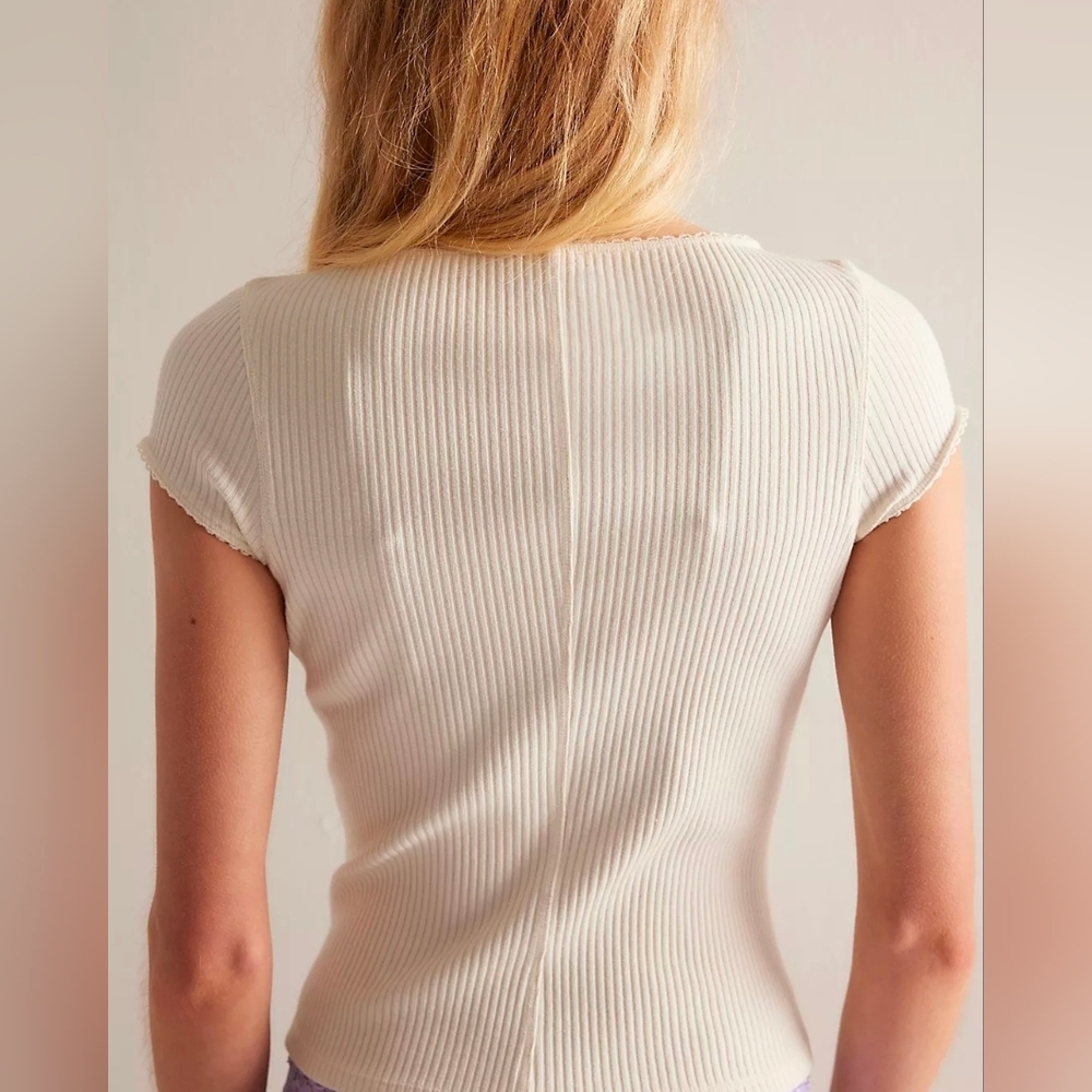 Free People Cream Ribbed Button-Front Top - Picture 3 of 4